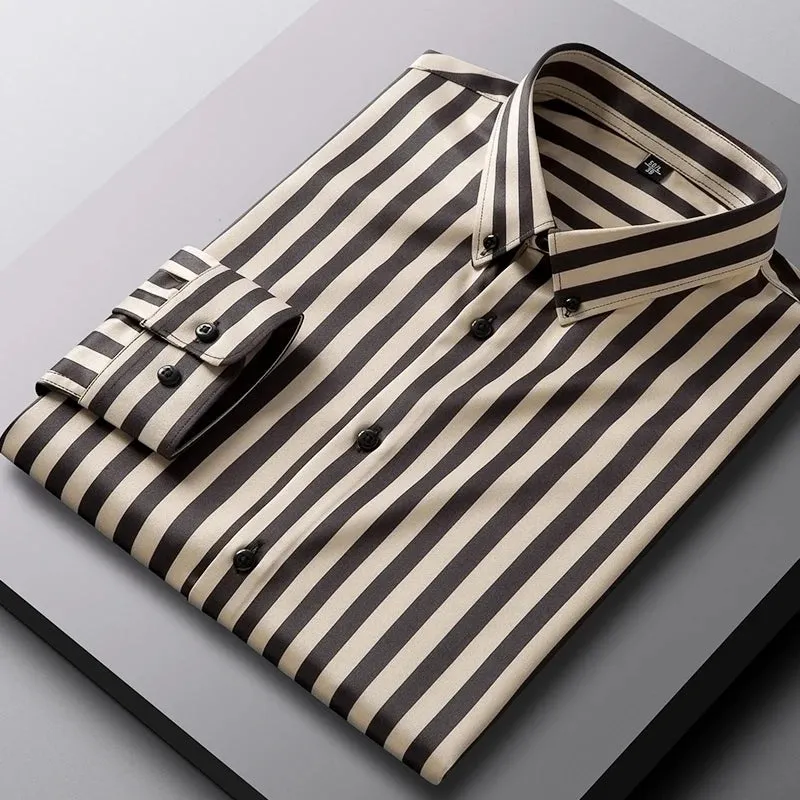 Xituodai Men Spring Summer Comfortable Vertical Striped Strech Mens Dress Shirts Long Sleeve Soft Business Work Shirt  No Pocket