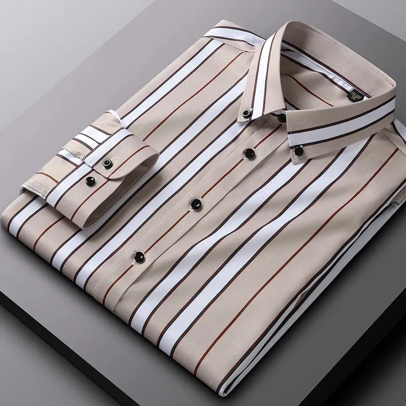 Xituodai Men Spring Summer Comfortable Vertical Striped Strech Mens Dress Shirts Long Sleeve Soft Business Work Shirt  No Pocket