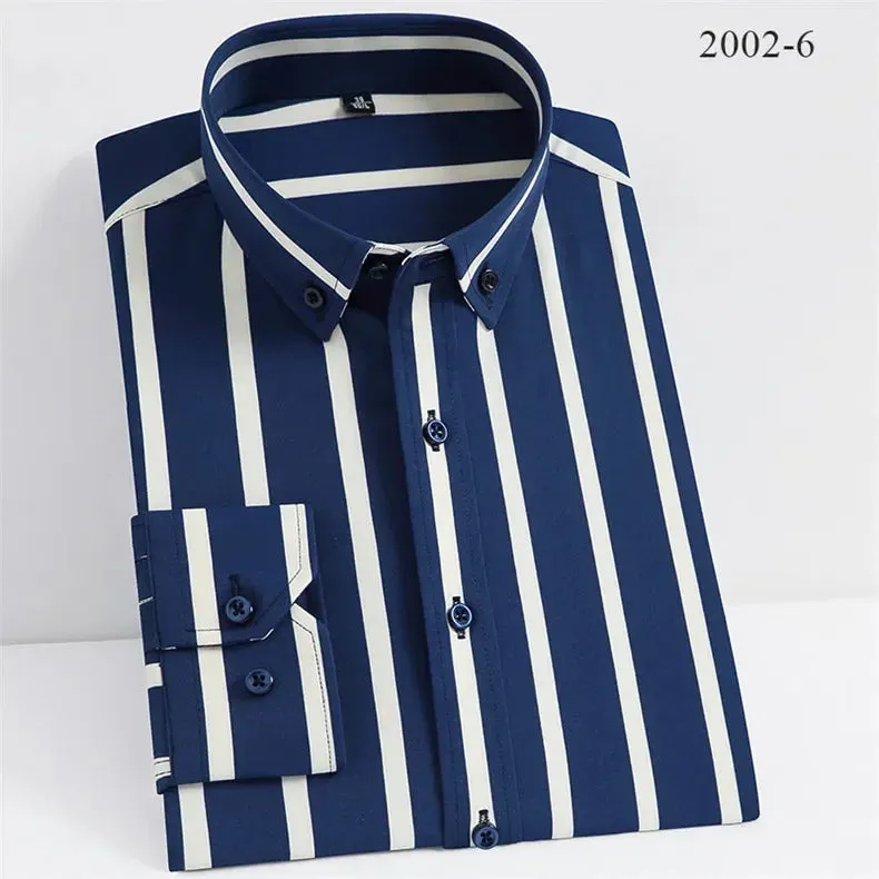 Xituodai Men Spring Summer Comfortable Vertical Striped Strech Mens Dress Shirts Long Sleeve Soft Business Work Shirt  No Pocket