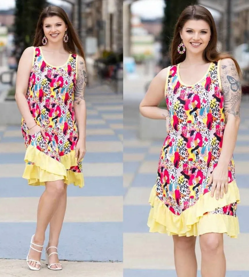 Yellow Asymmetrical Ruffle Hem colorful dress