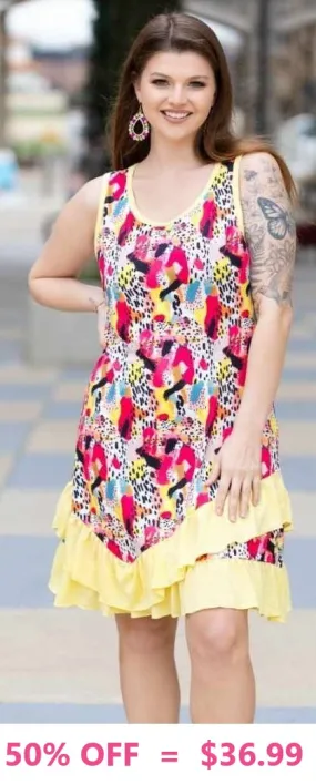 Yellow Asymmetrical Ruffle Hem colorful dress