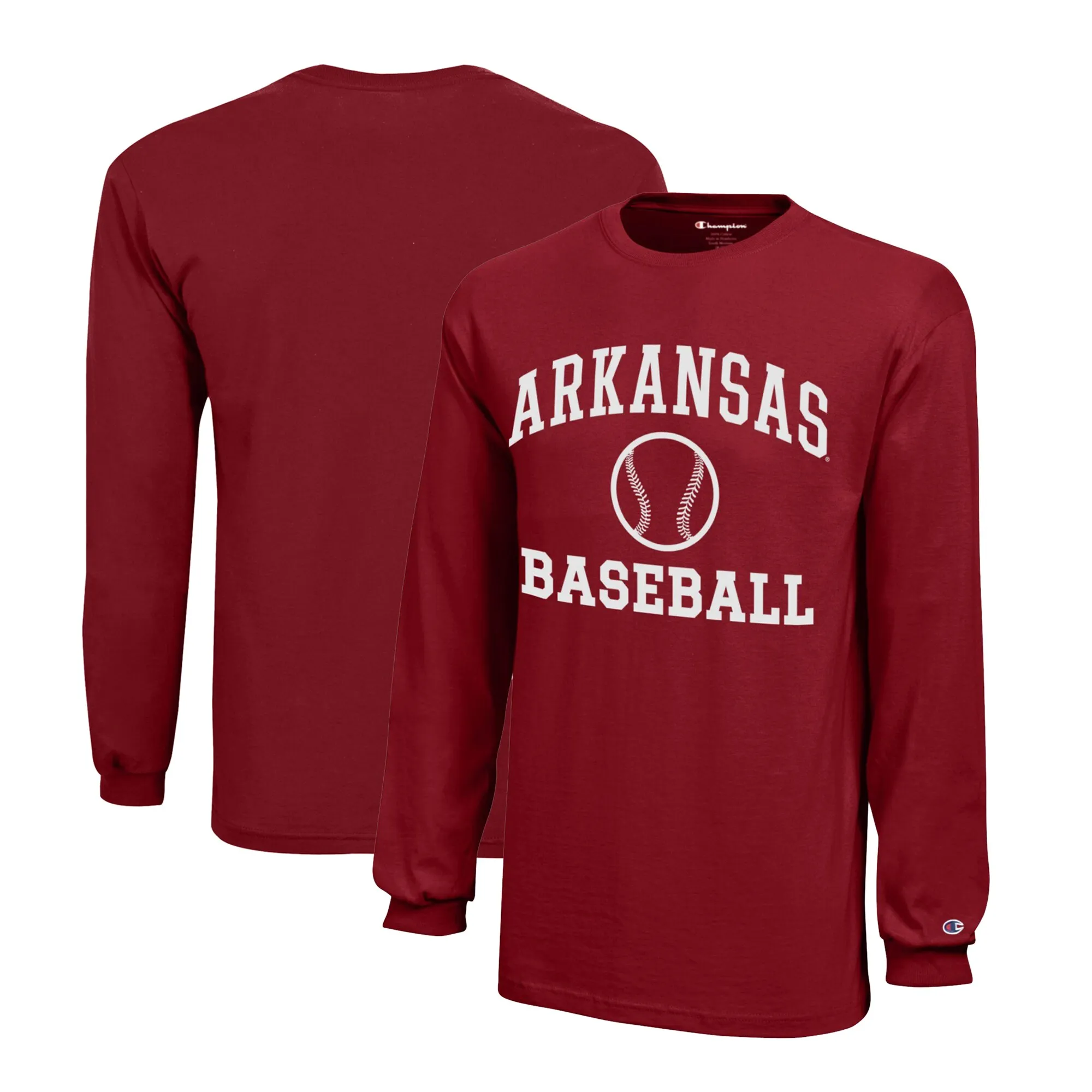 Youth Champion  Cardinal Arkansas Razorbacks Icon Logo Long Sleeve Baseball T-Shirt