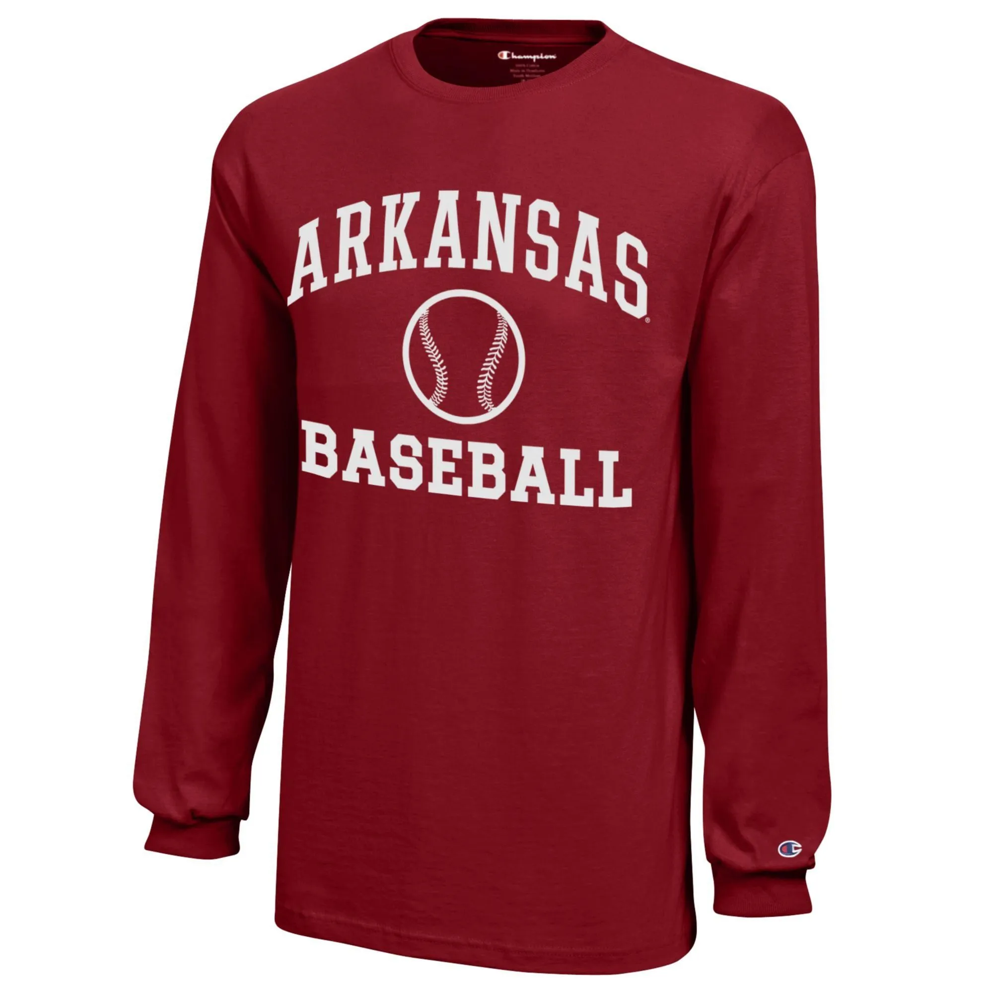 Youth Champion  Cardinal Arkansas Razorbacks Icon Logo Long Sleeve Baseball T-Shirt