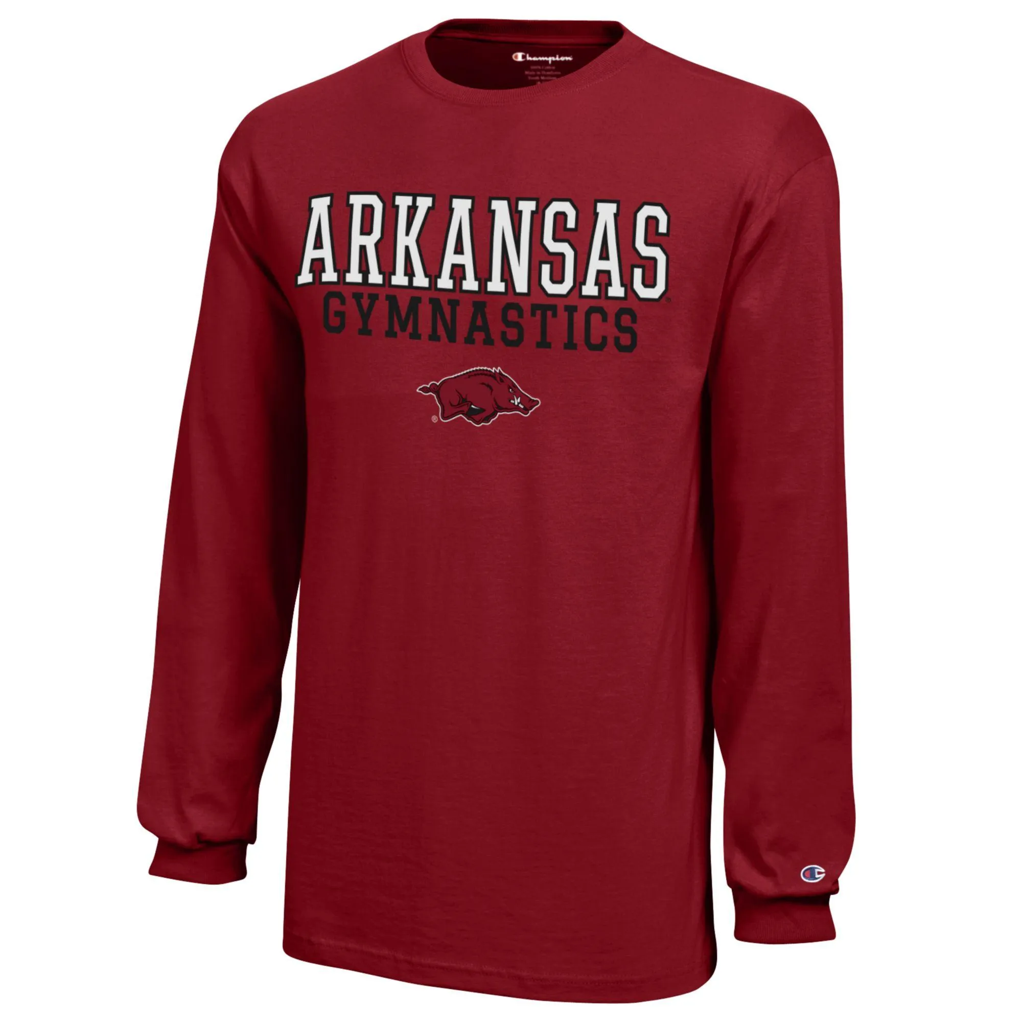 Youth Champion  Cardinal Arkansas Razorbacks Stacked Logo Long Sleeve Gymnastics Jersey T-Shirt