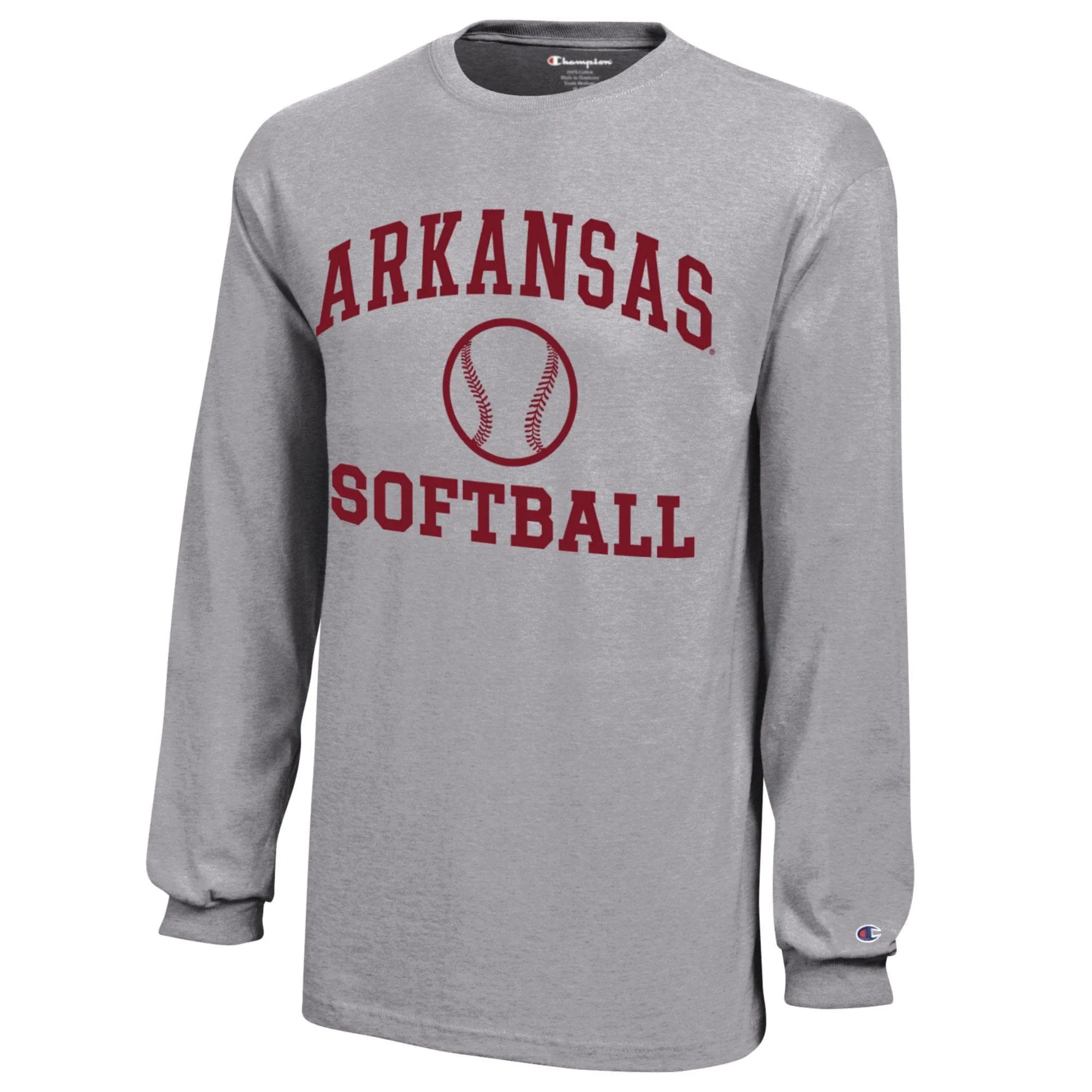 Youth Champion  Gray Arkansas Razorbacks Icon Logo Long Sleeve Softball T-Shirt