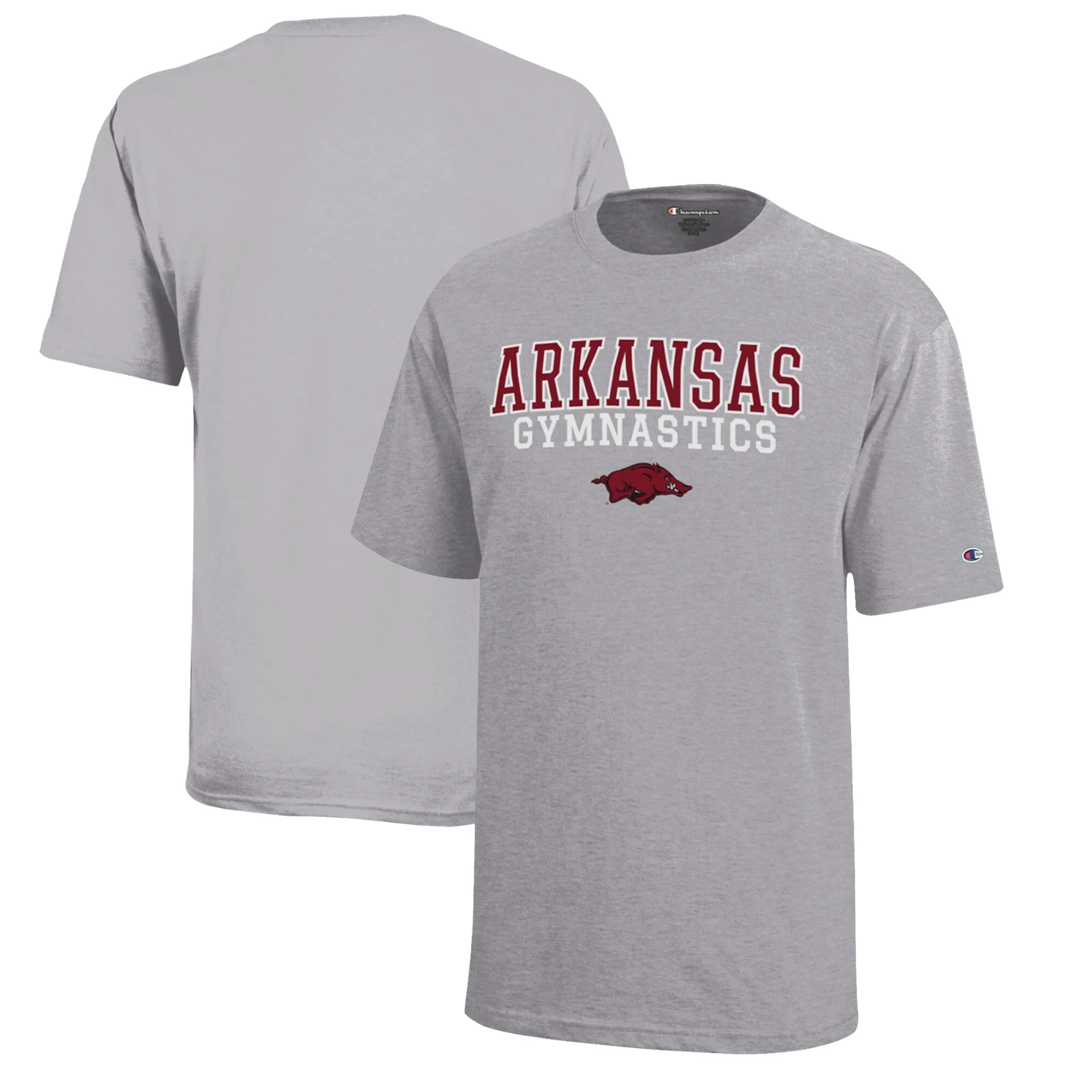 Youth Champion  Gray Arkansas Razorbacks Stacked Logo Gymnastics T-Shirt