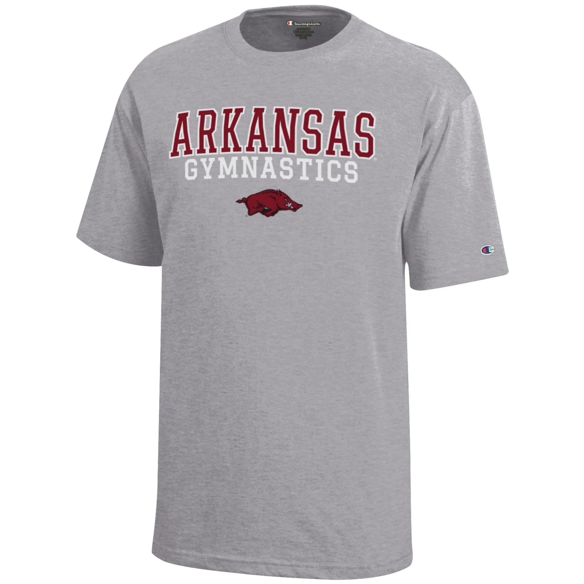 Youth Champion  Gray Arkansas Razorbacks Stacked Logo Gymnastics T-Shirt