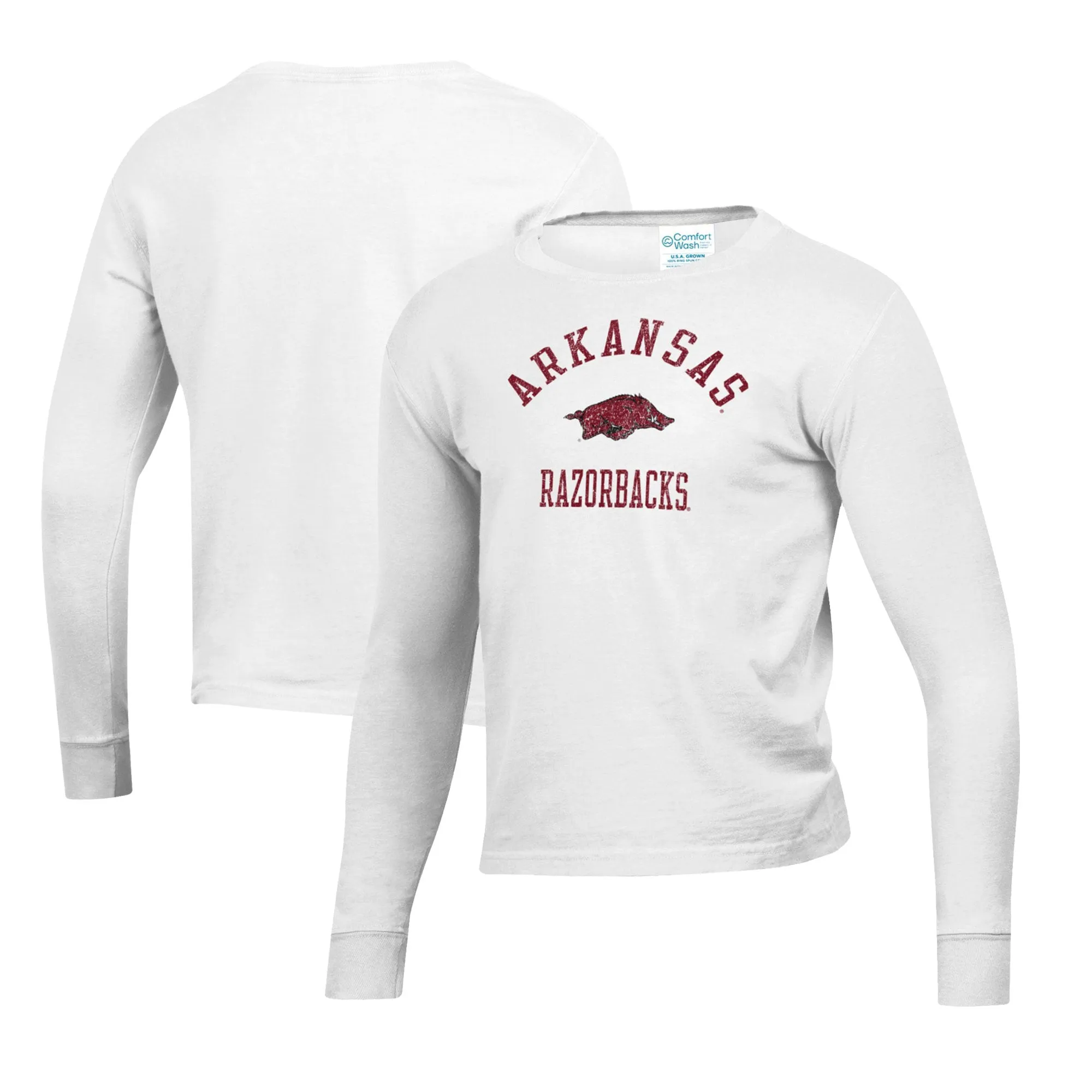 Youth  White Arkansas Razorbacks Mascot Comfort Wash Long Sleeve T-Shirt