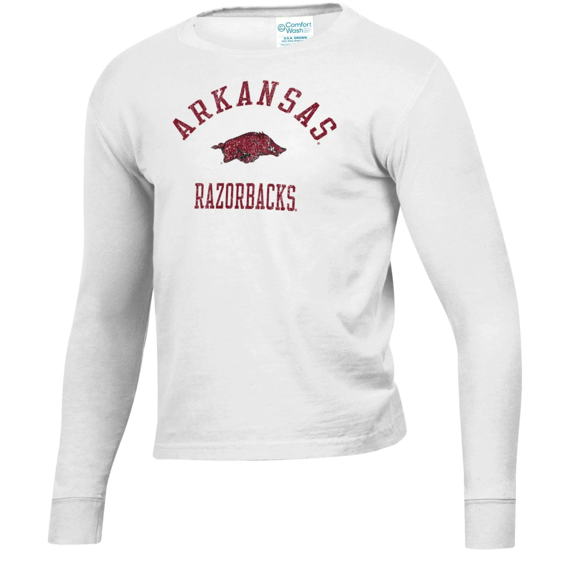 Youth  White Arkansas Razorbacks Mascot Comfort Wash Long Sleeve T-Shirt