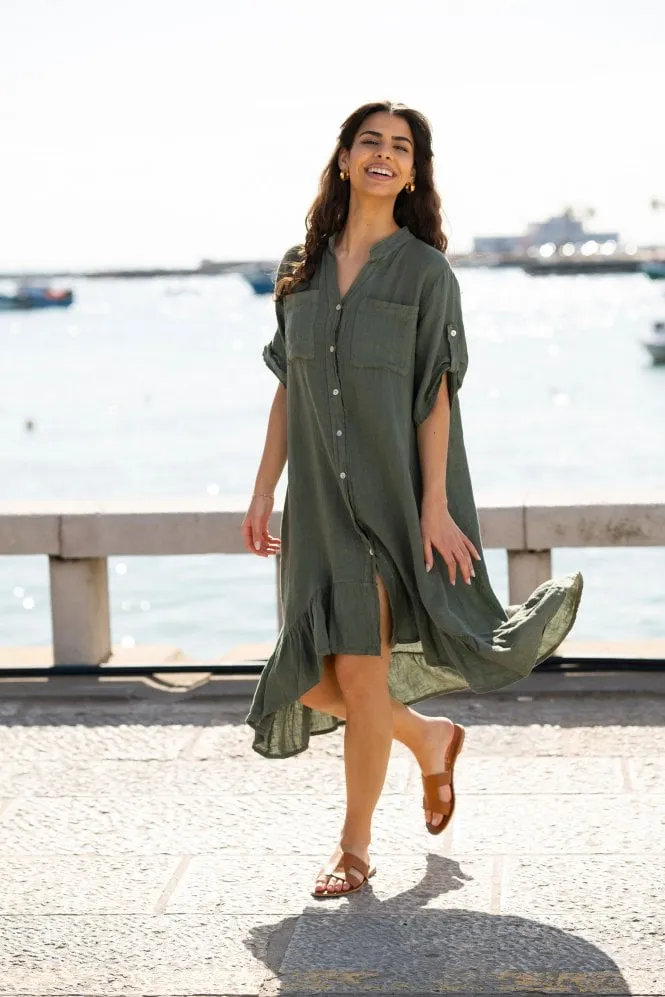 Yumi Khaki Italian Linen Shirt Dress With Frill Hem