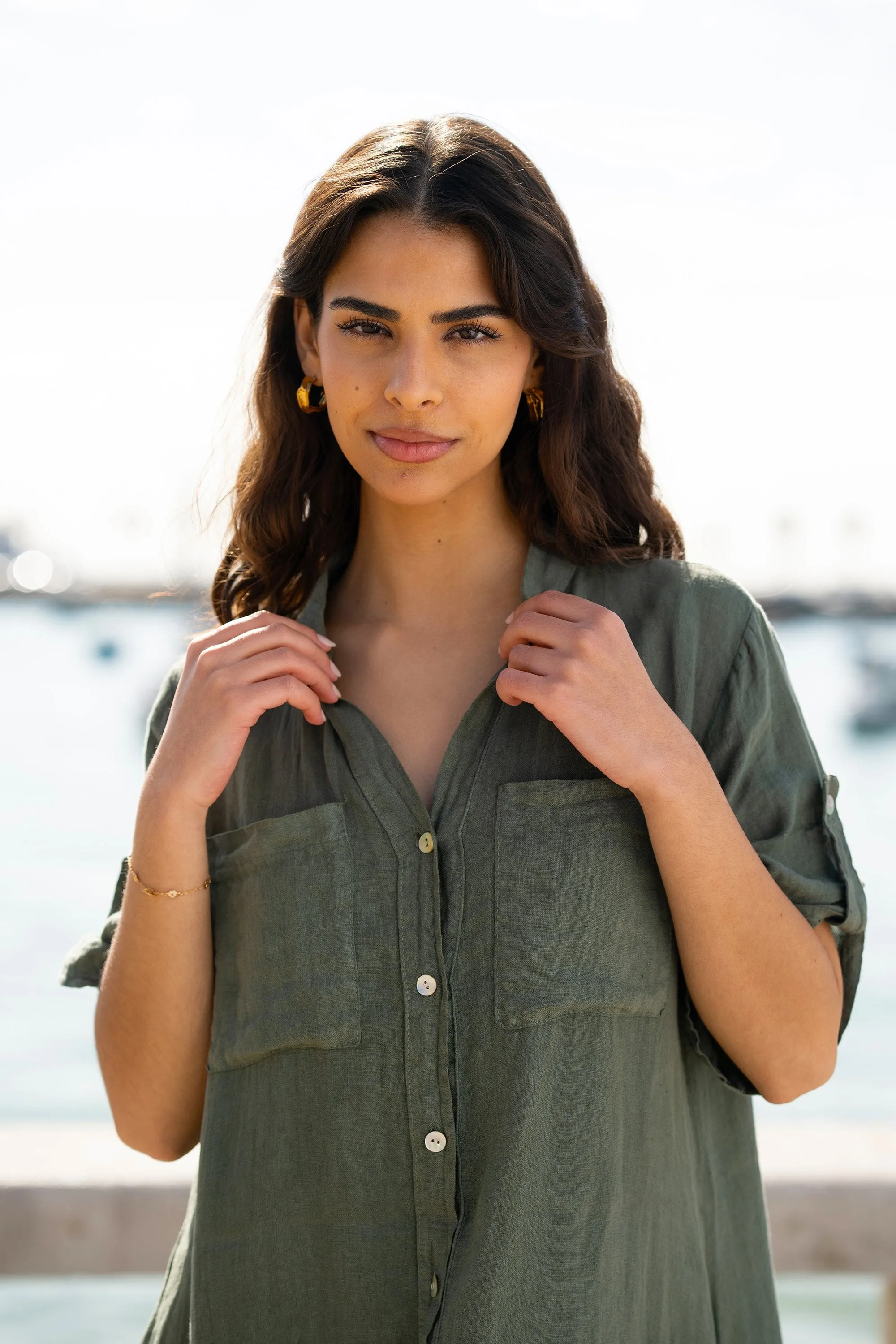 Yumi Khaki Italian Linen Shirt Dress With Frill Hem