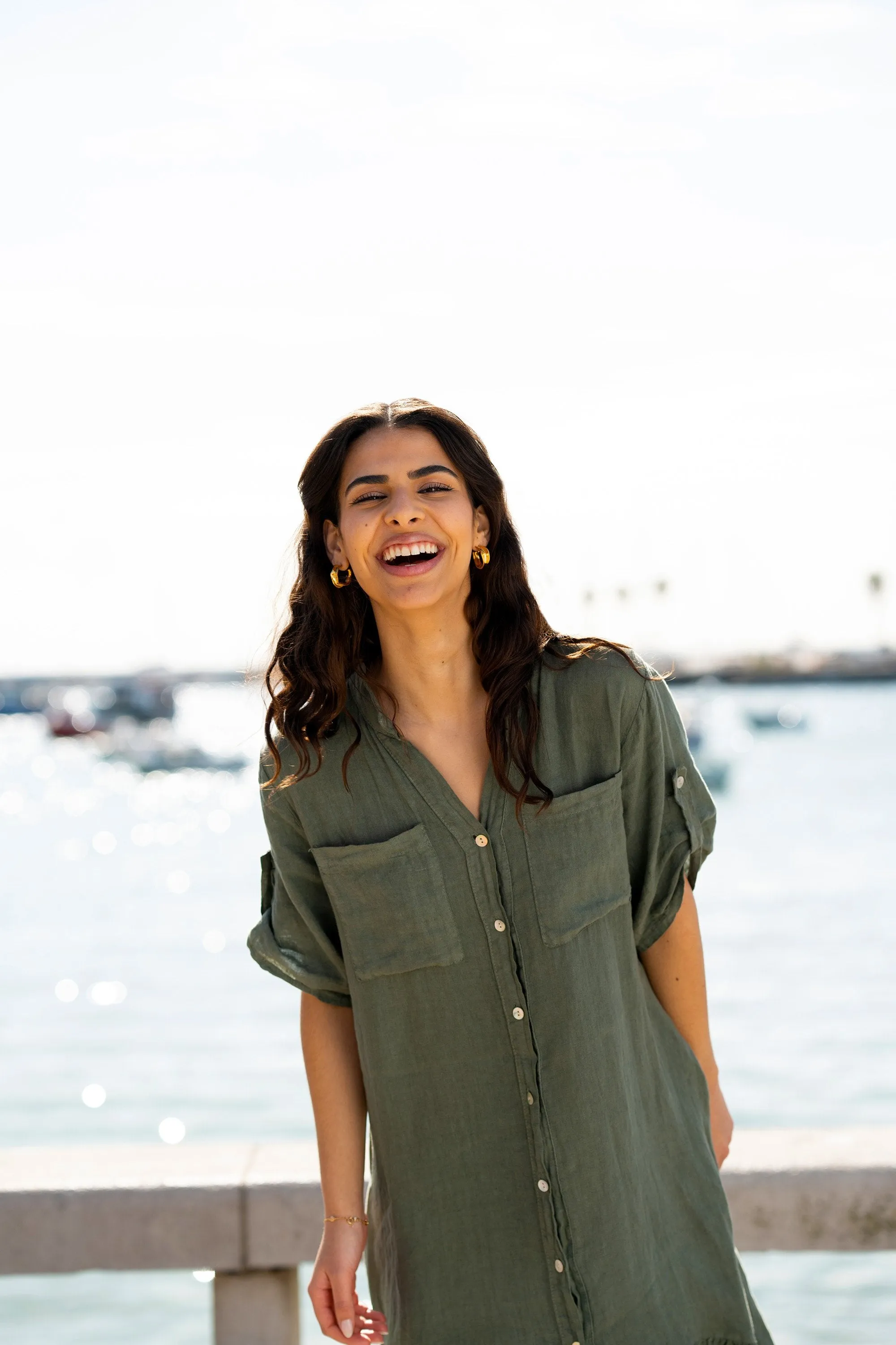 Yumi Khaki Italian Linen Shirt Dress With Frill Hem